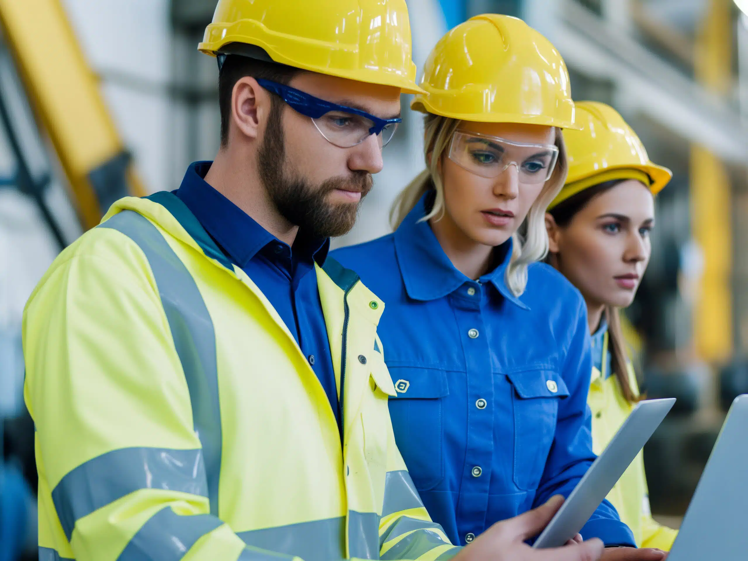 Workers in safety gear sharing a tablet to view an elogbook